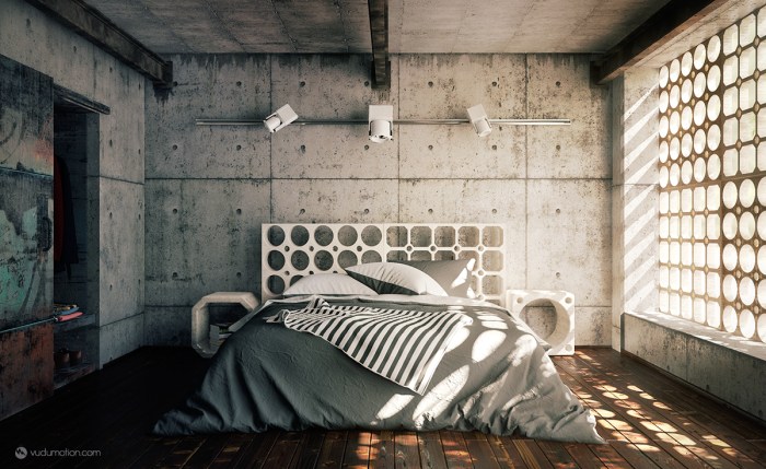 Kamar tidur industrial dengan lantai beton