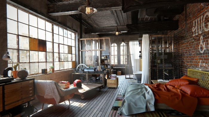Kamar tidur industrial dengan lantai beton